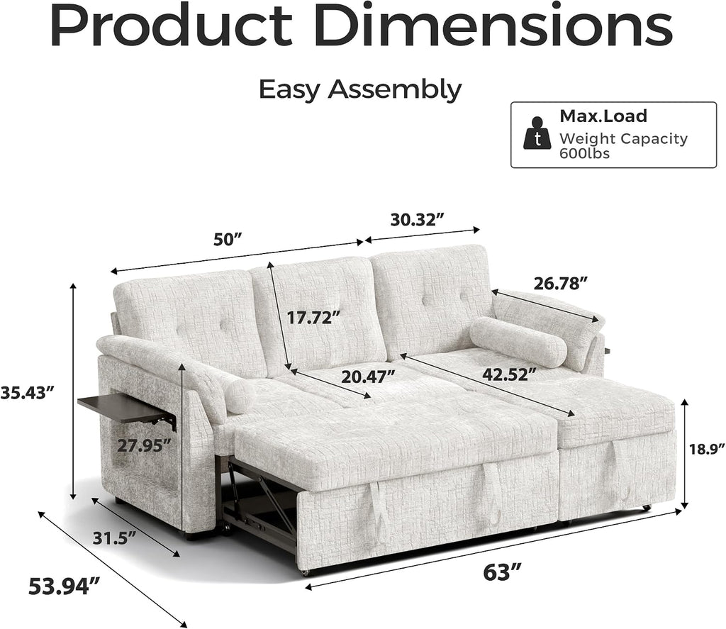 Convertible Sleeper Sofa Bed, 63 Inch Chenille Pull Out Couch with Side Table & Adjustable Backrest, Sectional Sleeper Sofa with Pull Out Bed for Living Room, Apartment, Beige