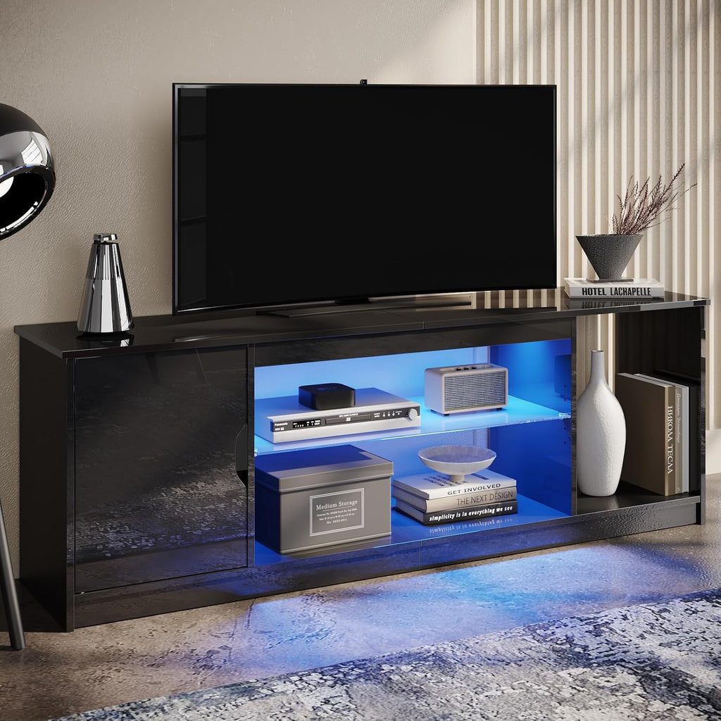Bestier 57' Gloss Black Media Console - Gaming TV Stand for 65 Inch TV, Entertainment Center for PS5/Xbox Series X, Modern Home Theater Design, Adjustable Glass Shelves