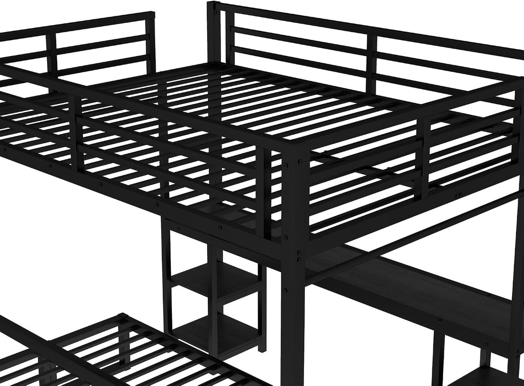 Bellemave Futon bunk Bed Twin XL Over Queen, Queen loft Bed with futon and Desk and Shelves, LED, USB, Black