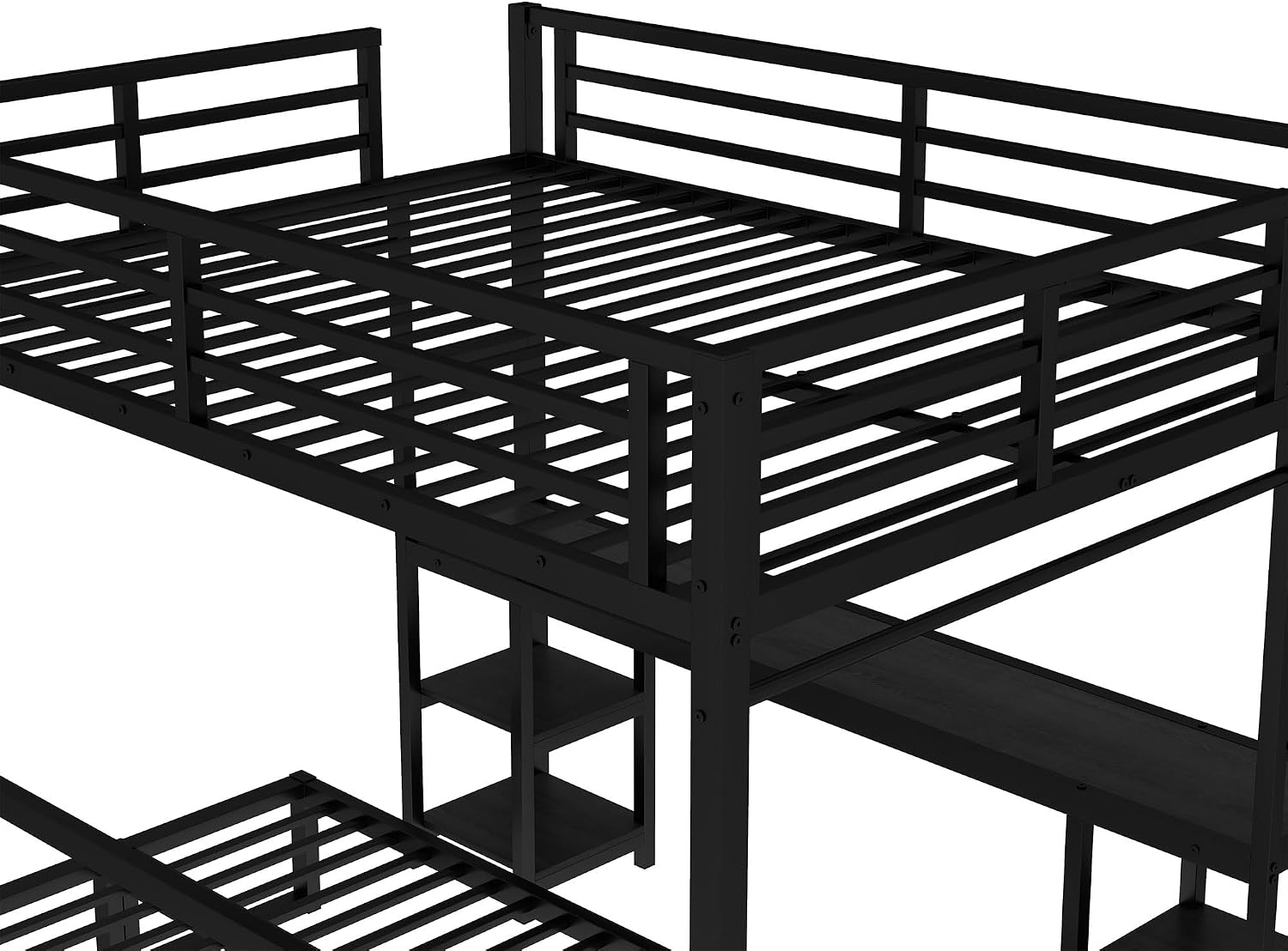 Bellemave Futon bunk Bed Twin XL Over Queen, Queen loft Bed with futon and Desk and Shelves, LED, USB, Black