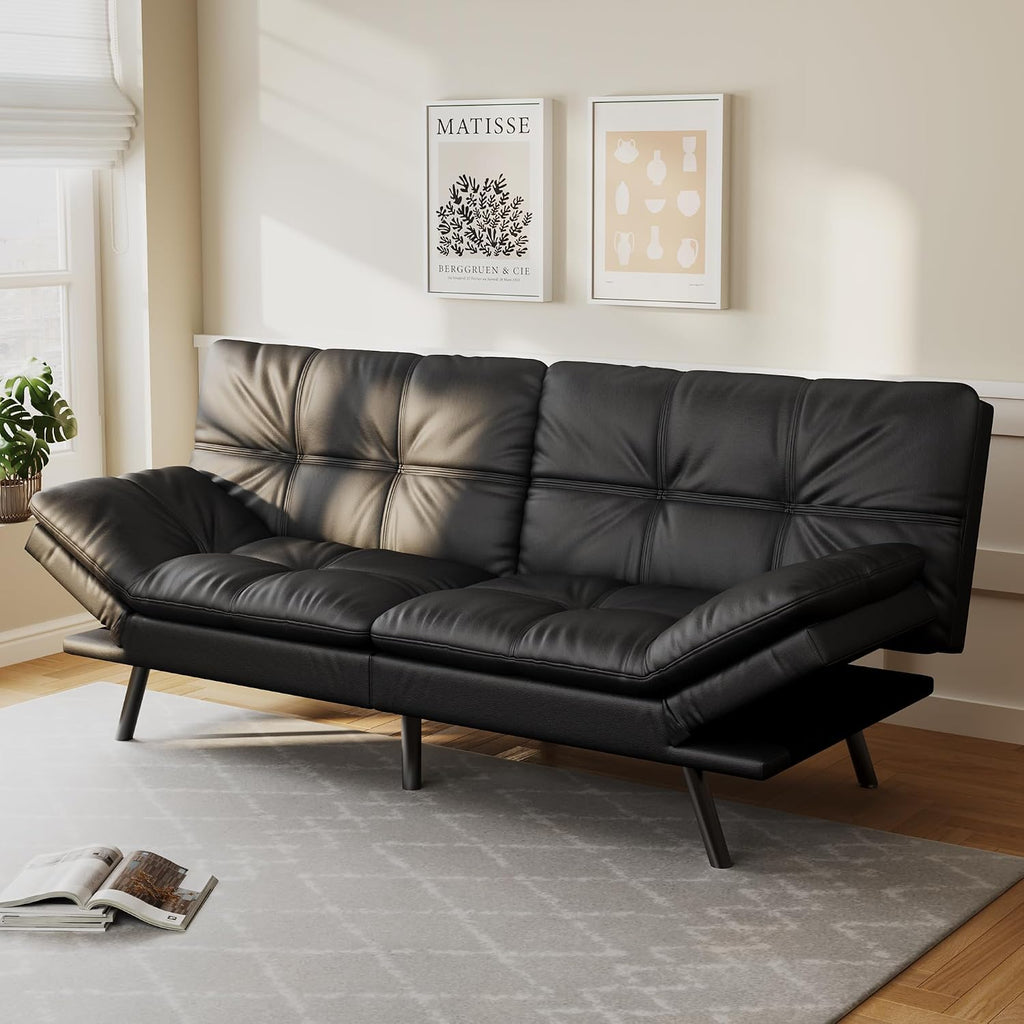Opoiar 71' L Covertible Futon Sofa Bed,Faux Leather Futon Couch, Memory Foam Modern Loveseat Sleeper, Small Splitback Sofa Couches for Living Room,RV,Home Office,Apartment,Matte Black