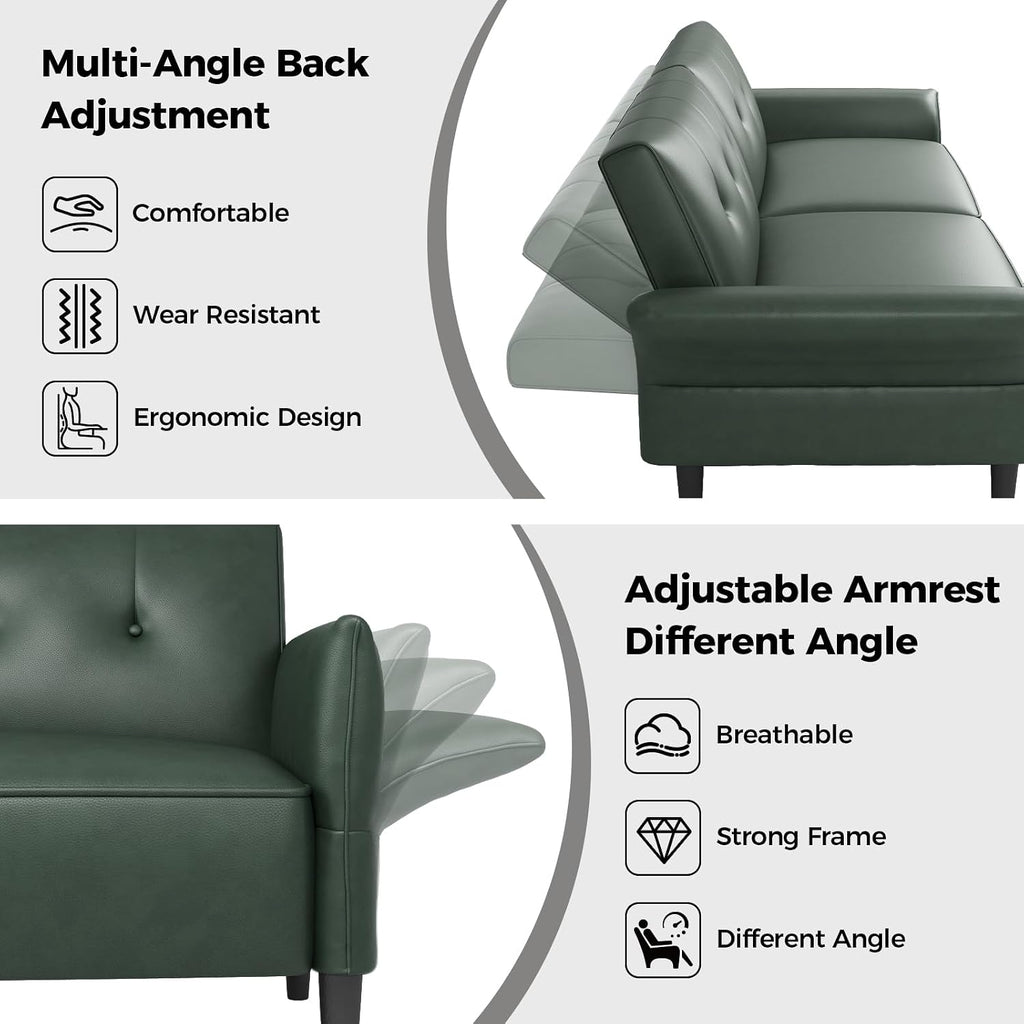 COPIAE 89' Futon Sofa Bed,Futon Couch Bed with 2 Square Pillows,Convertible Sleeper Sofa with Adjustable Backrest& Armrests, Modern Loveseat Sleeper for Living Room, Bedroom,Faux Leather Green
