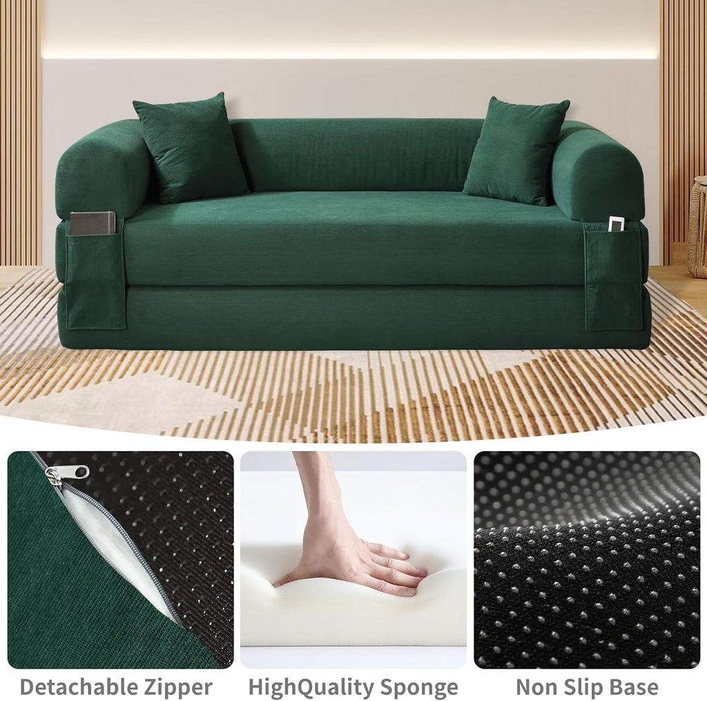 KBQ 3-Seat Convertible Sleeper Sofa Bed with 2 Pillows, Corduroy Folding Mattress Couch, Floor Sofa Lounge Couch for Living Room Bedroom Lounge Studio, Deep Green