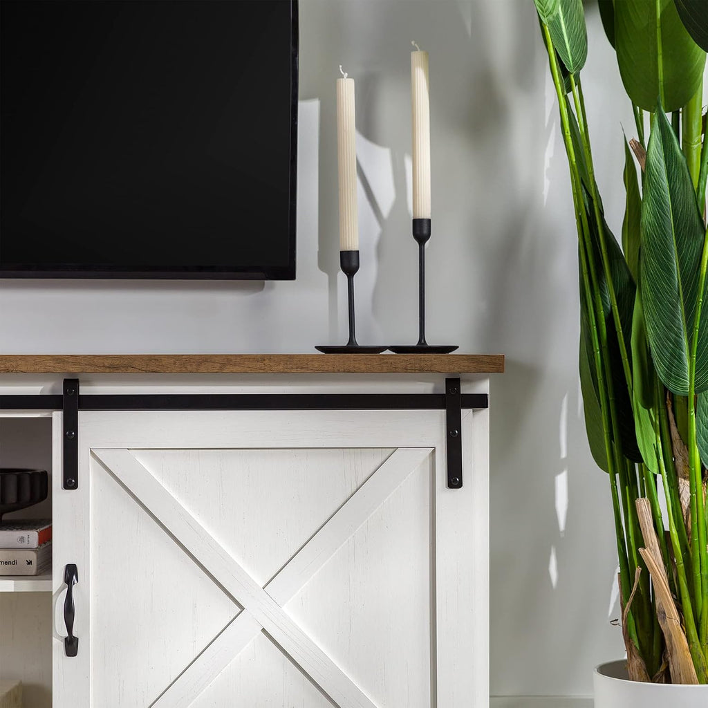 Walker Edison Corbin Modern Farmhouse Sliding X Barn Door TV Stand for TVs up to 80 Inches, 70 Inch, Reclaimed Barnwood and Brushed White