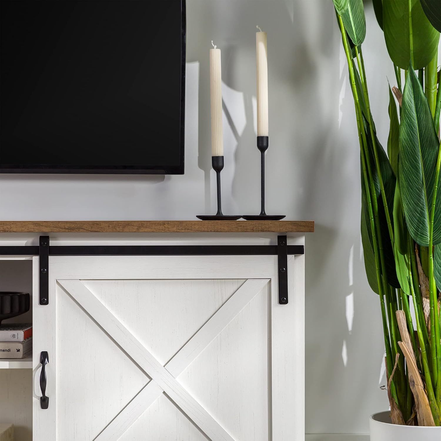 Walker Edison Corbin Modern Farmhouse Sliding X Barn Door TV Stand for TVs up to 80 Inches, 70 Inch, Reclaimed Barnwood and Brushed White