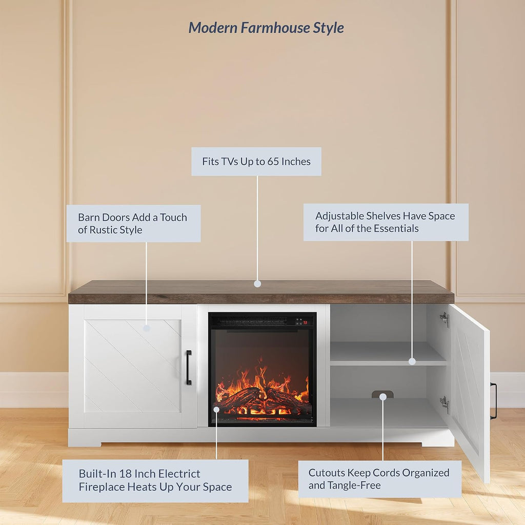 BELLEZE Modern 58' Farmhouse TV Stand with 18' Electric Fireplace Heater & Media Entertainment Center for TV up to 65', Console Table with Storage Cabinets - Hilo (White)