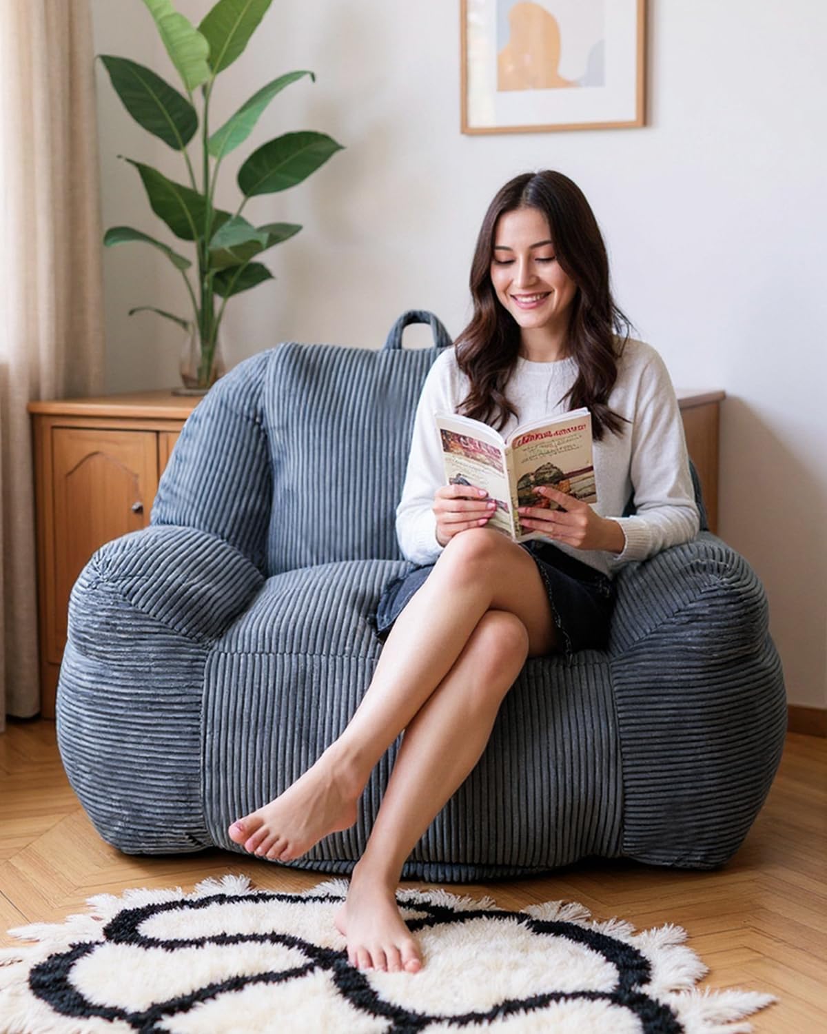 Lamerge Giant Bean Bag Chair for Adults, Oversized Faux Fur Fluffy Sofa with High-Density Memory Foam, Grey Comfy Bean Bag Couch for Reading, Gaming (46' Giant Bean Bag Chair)