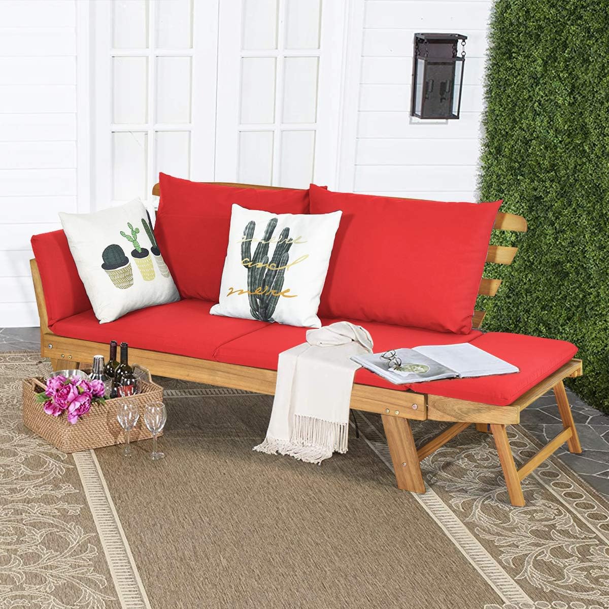 Tangkula Convertible Acacia Wood Patio Couch Sofa Bed with Adjustable Armrest, Outdoor Daybed with Cushion & Pillows, Outside Folding Futon Sofa Couch Bench for Porch, Courtyard, Poolside & Garden