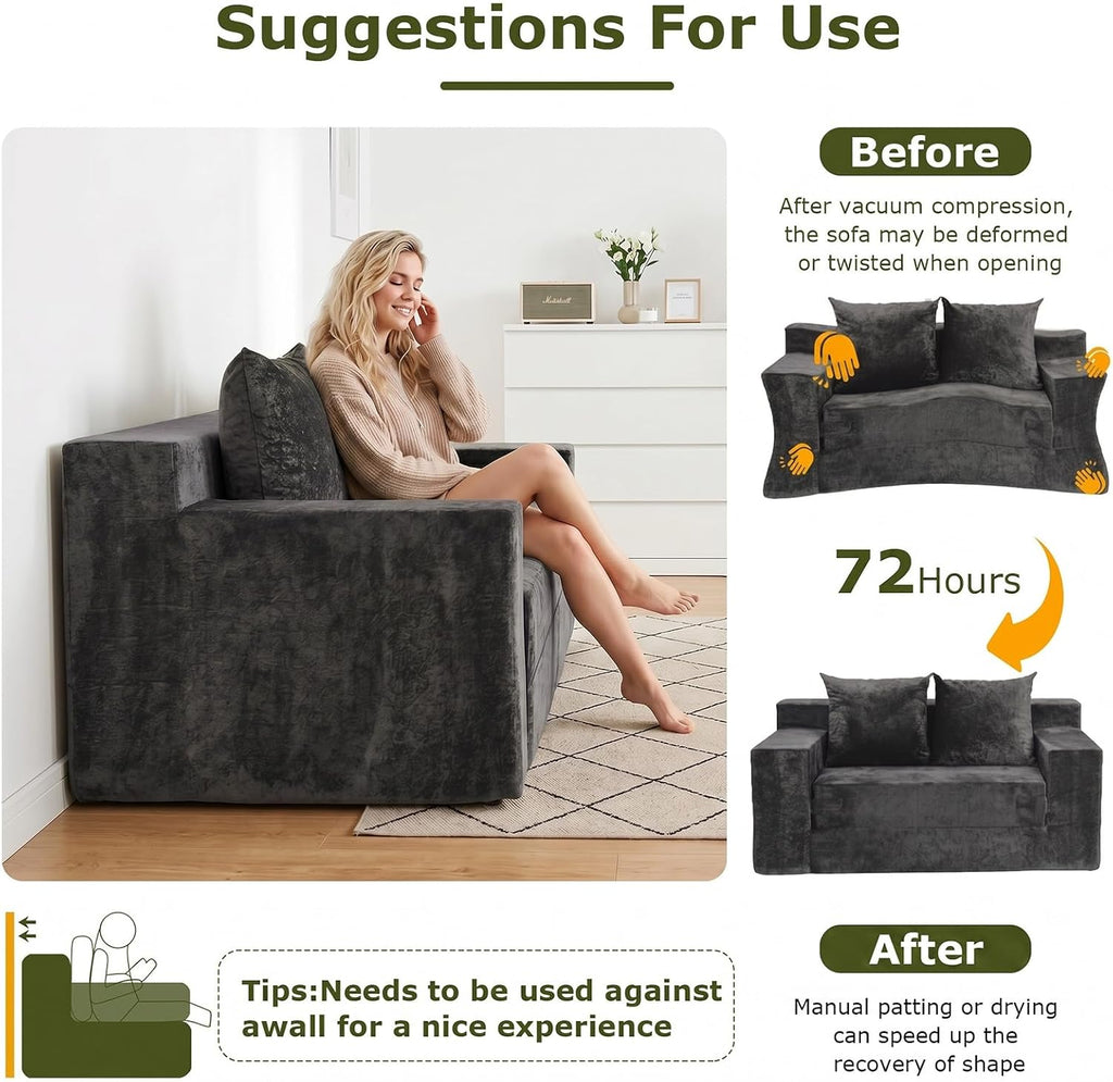 Boneless Couch Loveseat Sleeper, Convertible Sofa Bed Folding Couch Bed, Boneless Chair Bed & Futon Sofa Bed, Small Pull Out Couch Foldable with 4 Pillows for Living Room, Dark Grey