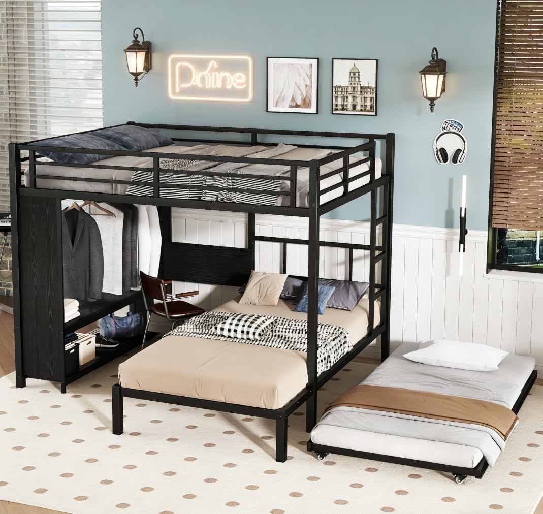 Bellemave Queen Over Twin XL bunk Bed with Foldable Desk and Wardrobe and Twin Trundle, loft Bed with Desk and Desk, Metal Bunk Beds with Storage, Black