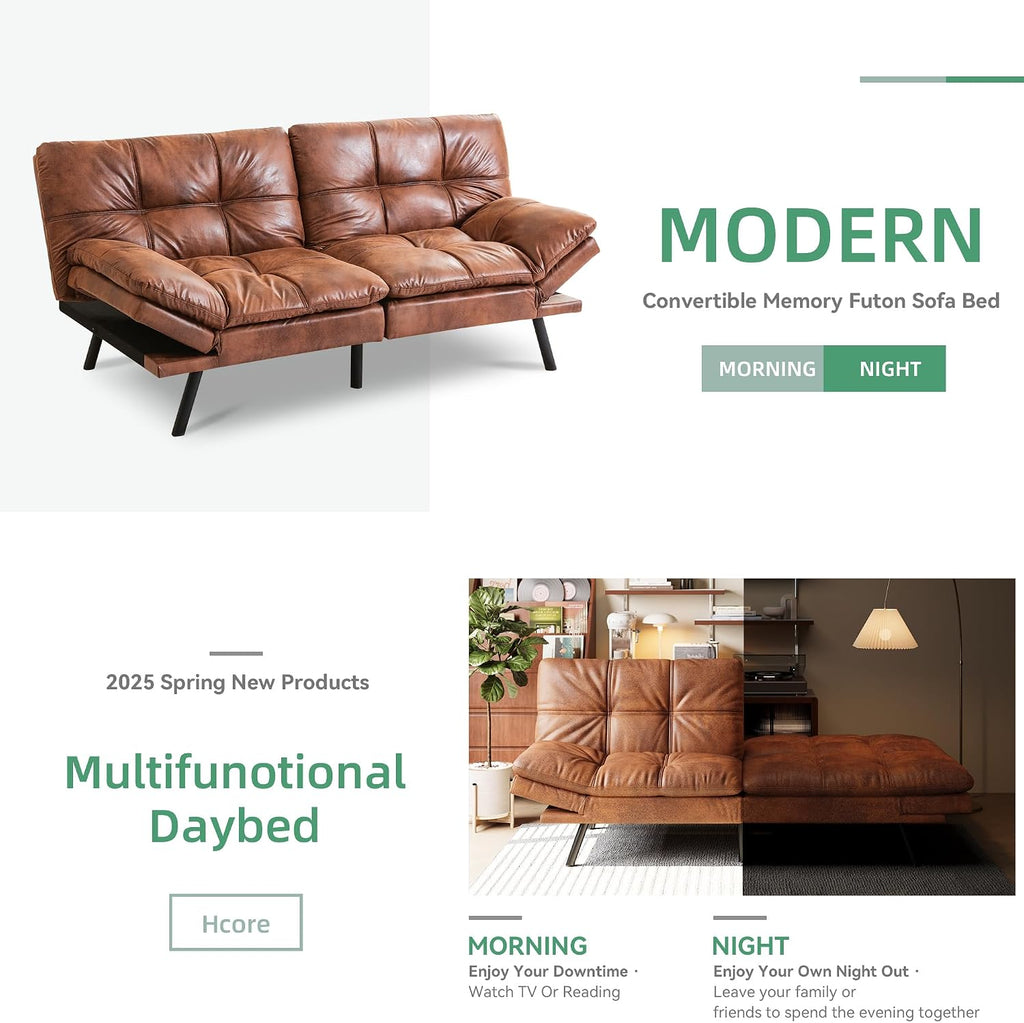 Opoiar 71' L Covertible Futon Sofa Bed,Faux Leather Futon Couch, Memory Foam Modern Loveseat Sleeper, Small Splitback Sofa Couches for Living Room,RV,Home Office,Apartment,Brown