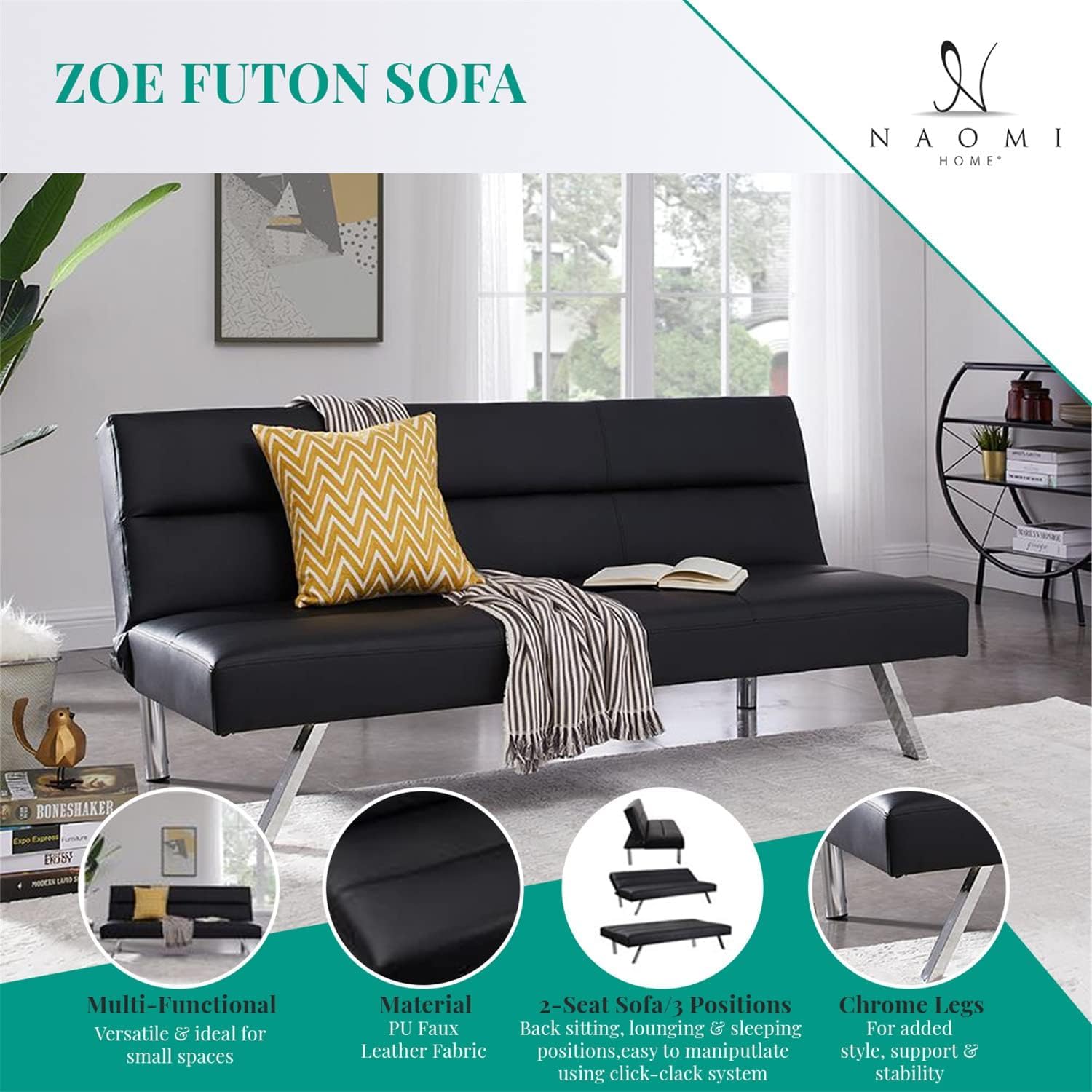 Naomi Home Zoe Futon Sofa Bed, Espresso, Faux Leather, 68.9' L x 31.80' W x 30.7' H