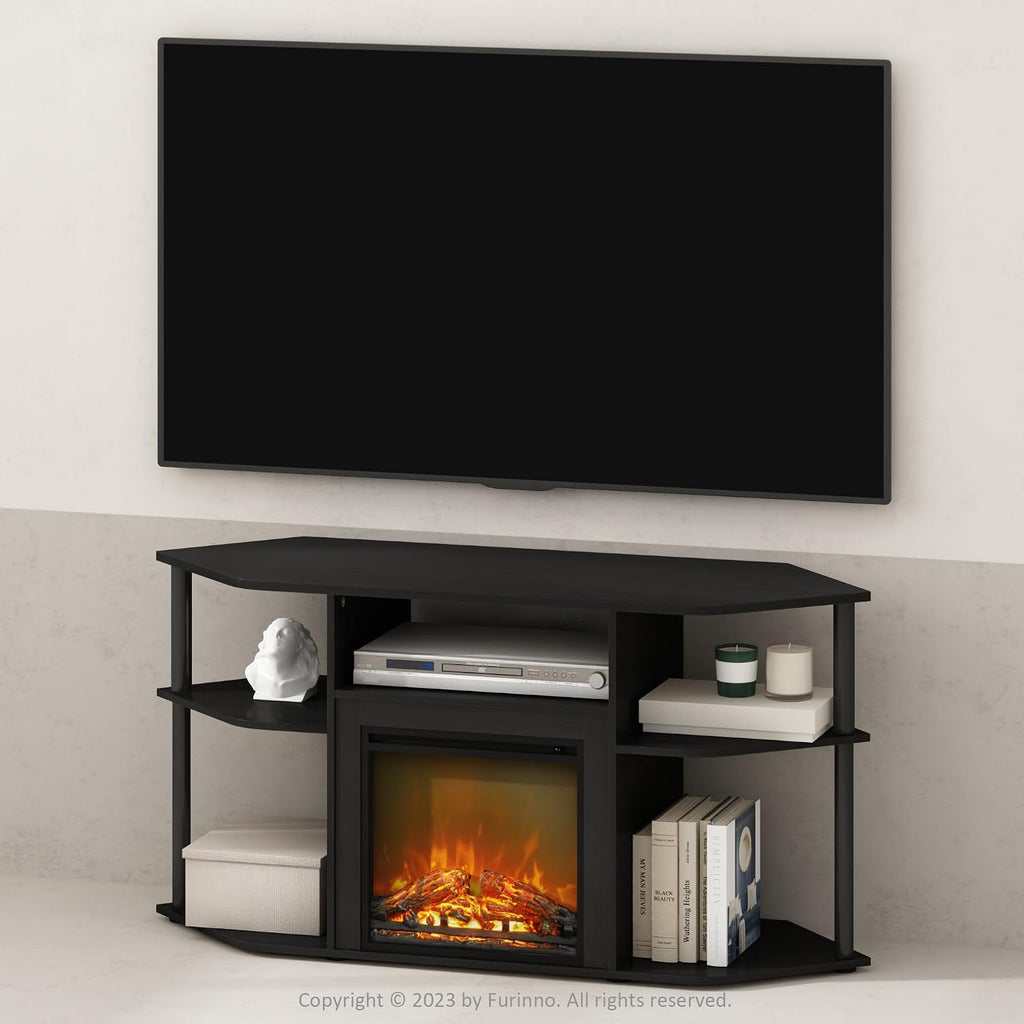Furinno Jensen Fireplace TV Stand, NO Heat Decorative Electric Fireplace Corner TV Stand for TV up to 55 Inch, with Open Shelf, for Living Room, Americano/Black