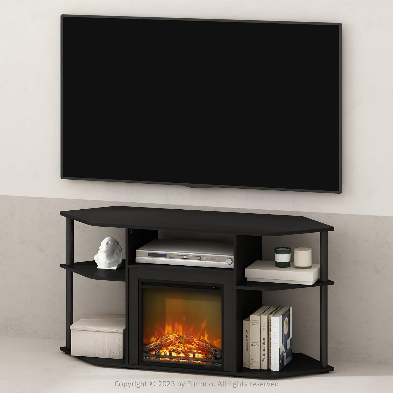 Furinno Jensen Fireplace TV Stand, NO Heat Decorative Electric Fireplace Corner TV Stand for TV up to 55 Inch, with Open Shelf, for Living Room, Americano/Black