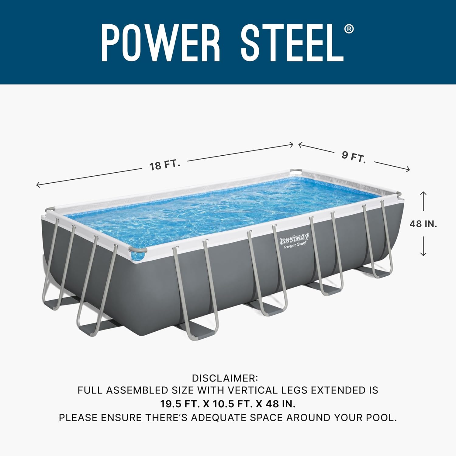 Bestway Power Steel 18' x 9' x 48' Above Ground Pool, Rectangular Metal Frame Outdoor Swimming Pool Set with Filter Pump, Ladder, and Cover