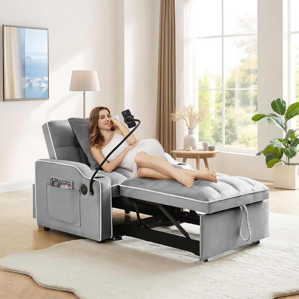 Convertible Sleeper Sofa Chair Bed, 3 in 1 Velvet Single Small Futon Sofa Bed with Phone Holder & USB Ports,Pull Out Couch Recliner with Adjustable Backrest for Living Room, Office, Small Place(Grey)