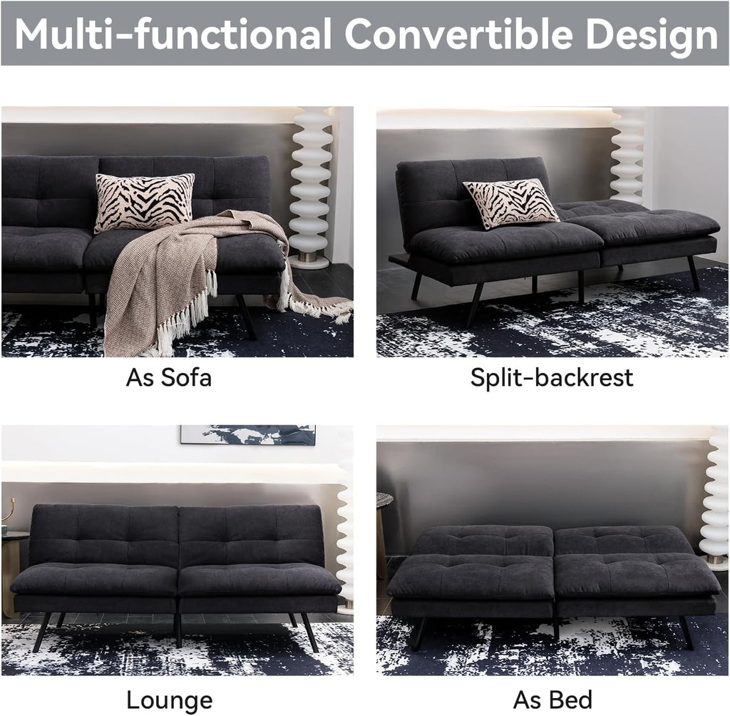 Hcore Polyester Memory Foam Convertible Futon Sofa Bed, Small Splitback Loveseat, 68' L x 32.3' W x 30.7' H, Black