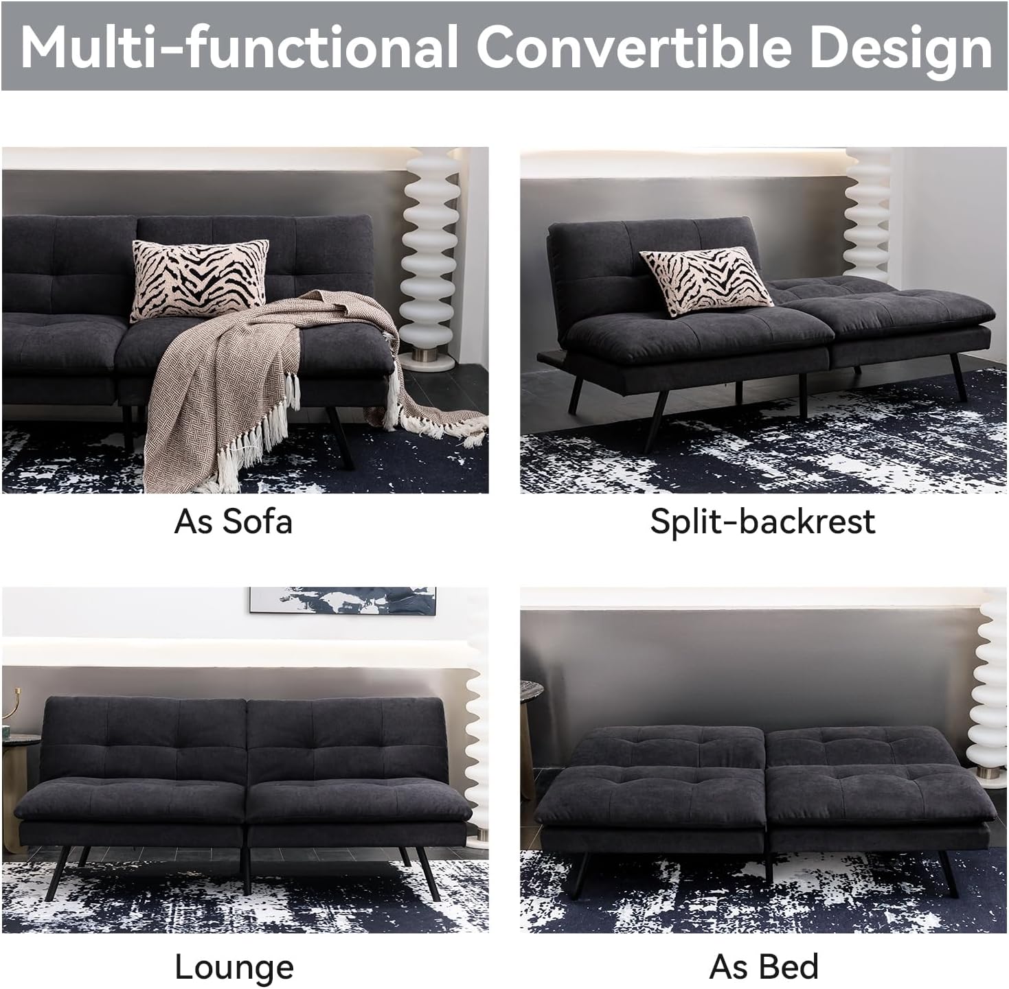 Hcore Polyester Memory Foam Convertible Futon Sofa Bed, Small Splitback Loveseat, 68' L x 32.3' W x 30.7' H, Black
