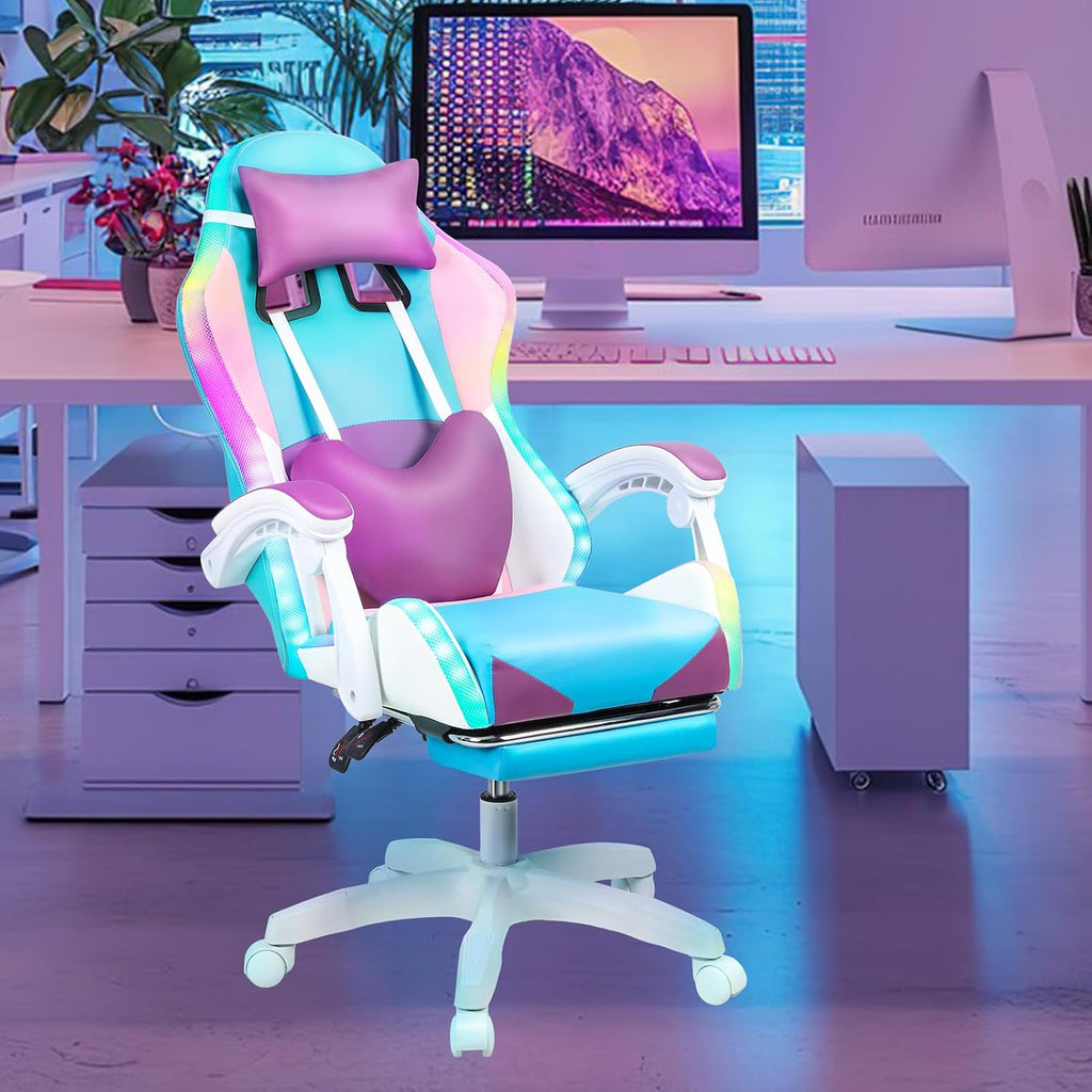Gaming Chair with LED Lights, Gamer Chair with Height Adjustable, Ergonomic Massage Computer Gaming Chair with Footrest, Video Game Chair with Lumbar Support for Adults