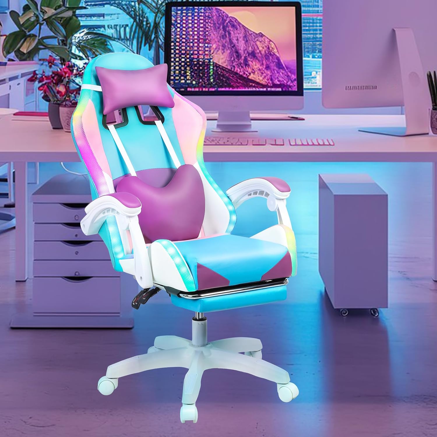 Gaming Chair with LED Lights, Gamer Chair with Height Adjustable, Ergonomic Massage Computer Gaming Chair with Footrest, Video Game Chair with Lumbar Support for Adults