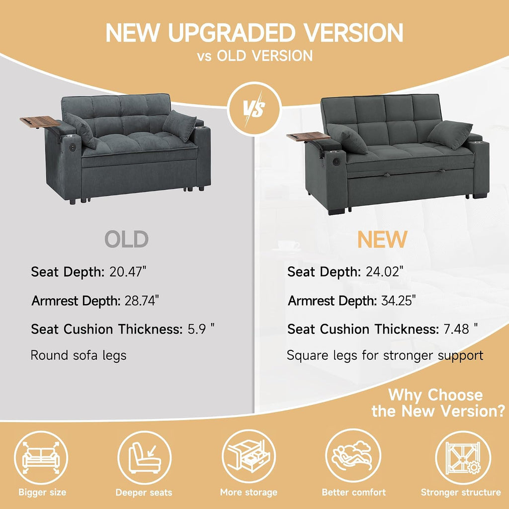 hansones 66' Multi-Functional Pull-Out Sofa Bed with Hidden Side Table, Storage Armrests, Built-in Charging Port, Spring Mattress, Solid Wood Frame – Ideal for Small Spaces, Easy Assembly