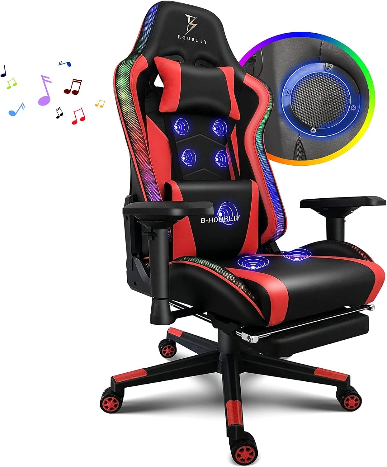 Gaming Chair with Footrest,Gaming Chair with RGB Light - 4D Armrest Ergonomic Computer Chair High Back Gamer Chair for Adults 90-180° Adjustable Backres Massage Game Chair with Speakers,Red