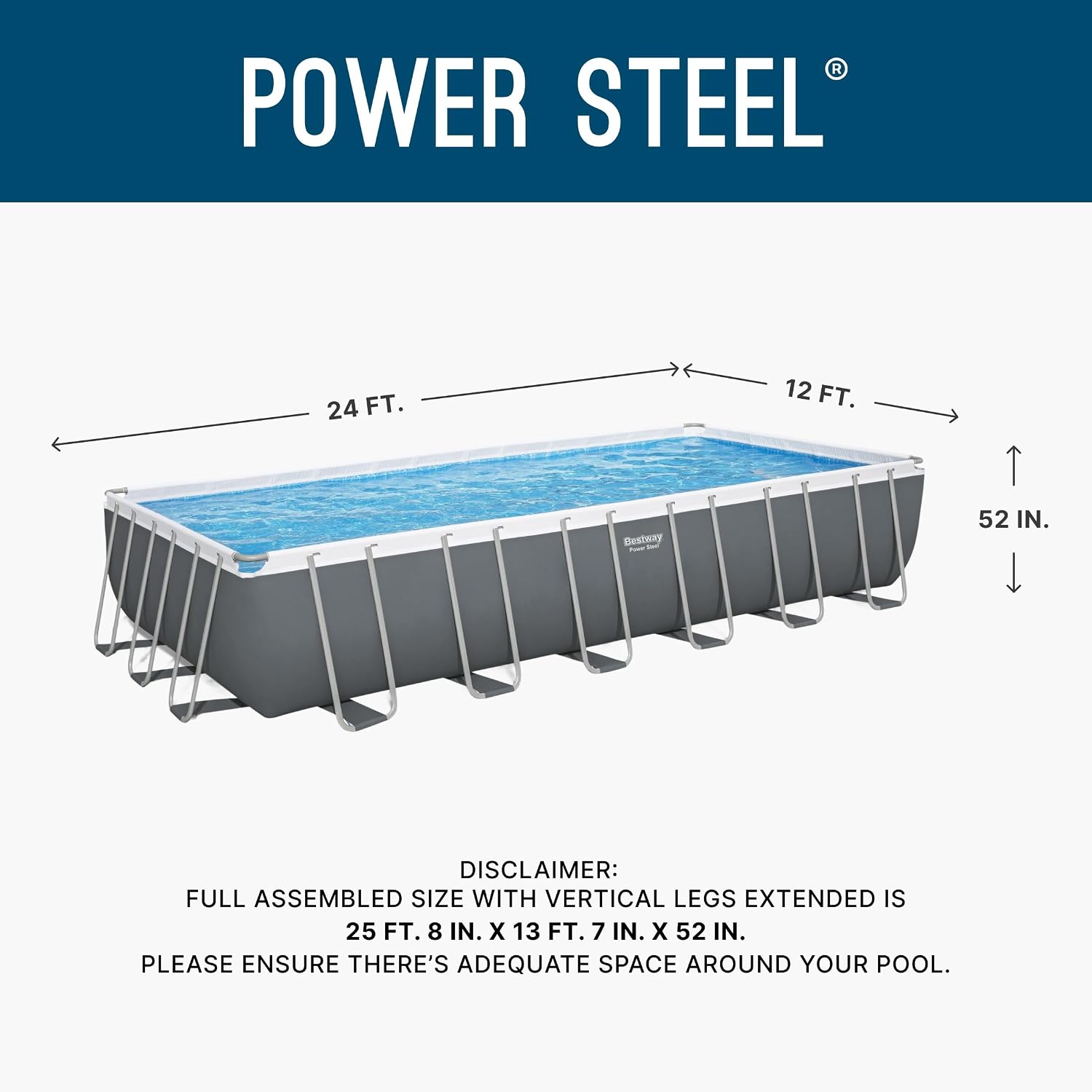 Bestway Power Steel 24' x 12' x 52' Above Ground Pool, Rectangular Metal Frame Outdoor Swimming Pool Set with Sand Filter Pump, Ladder, and Cover