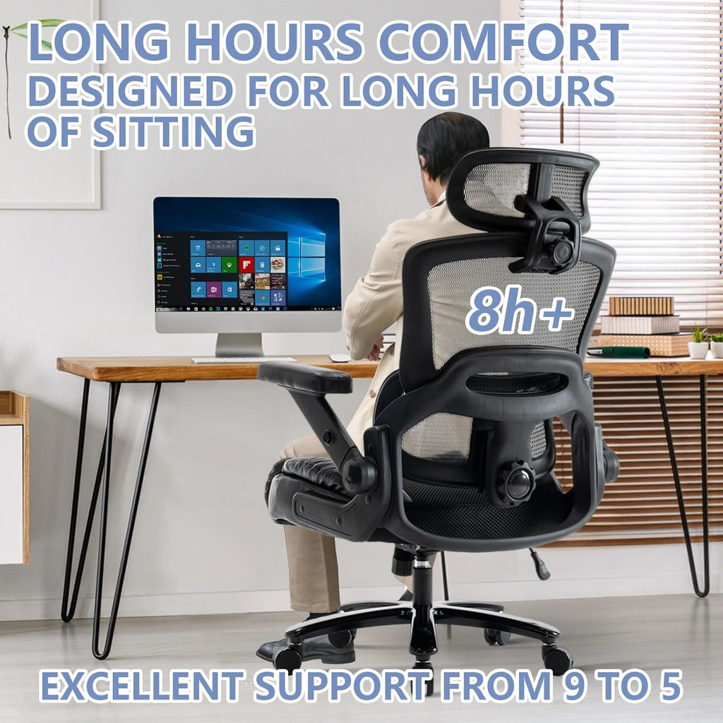 Vigosit Ergonomic Office Chair with Flip-Up Arms, Mesh Back, Adjustable Headrest, Padded Seat Cushion, Lumbar Support, High Back Desk Chair for Home Office – 330lbs Capacity
