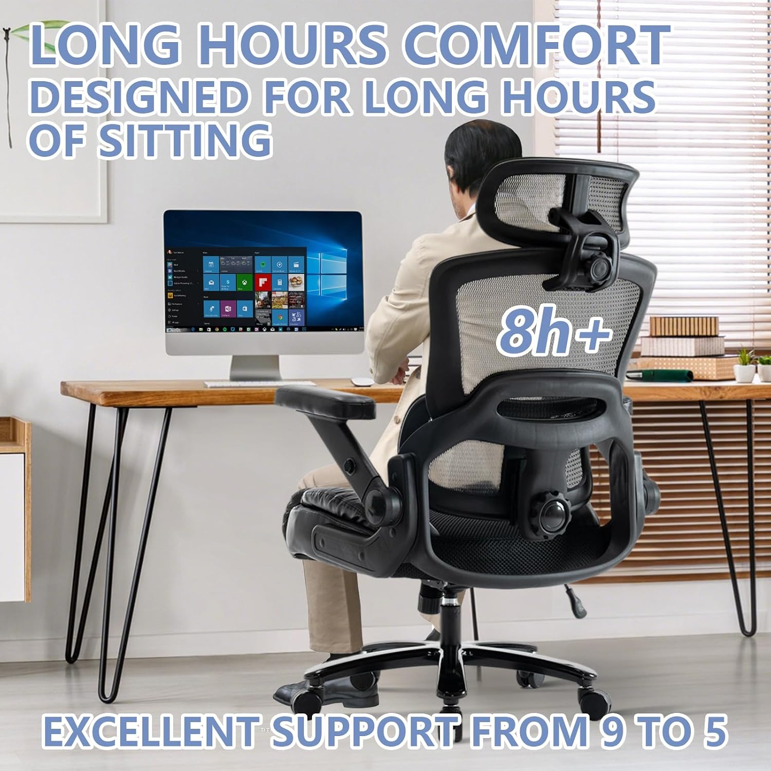 Vigosit Ergonomic Office Chair with Flip-Up Arms, Mesh Back, Adjustable Headrest, Padded Seat Cushion, Lumbar Support, High Back Desk Chair for Home Office – 330lbs Capacity