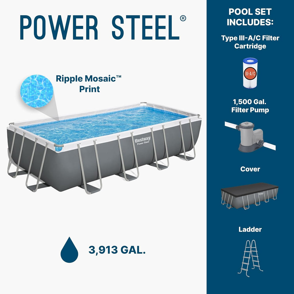 Bestway Power Steel 18' x 9' x 48' Above Ground Pool, Rectangular Metal Frame Outdoor Swimming Pool Set with Filter Pump, Ladder, and Cover