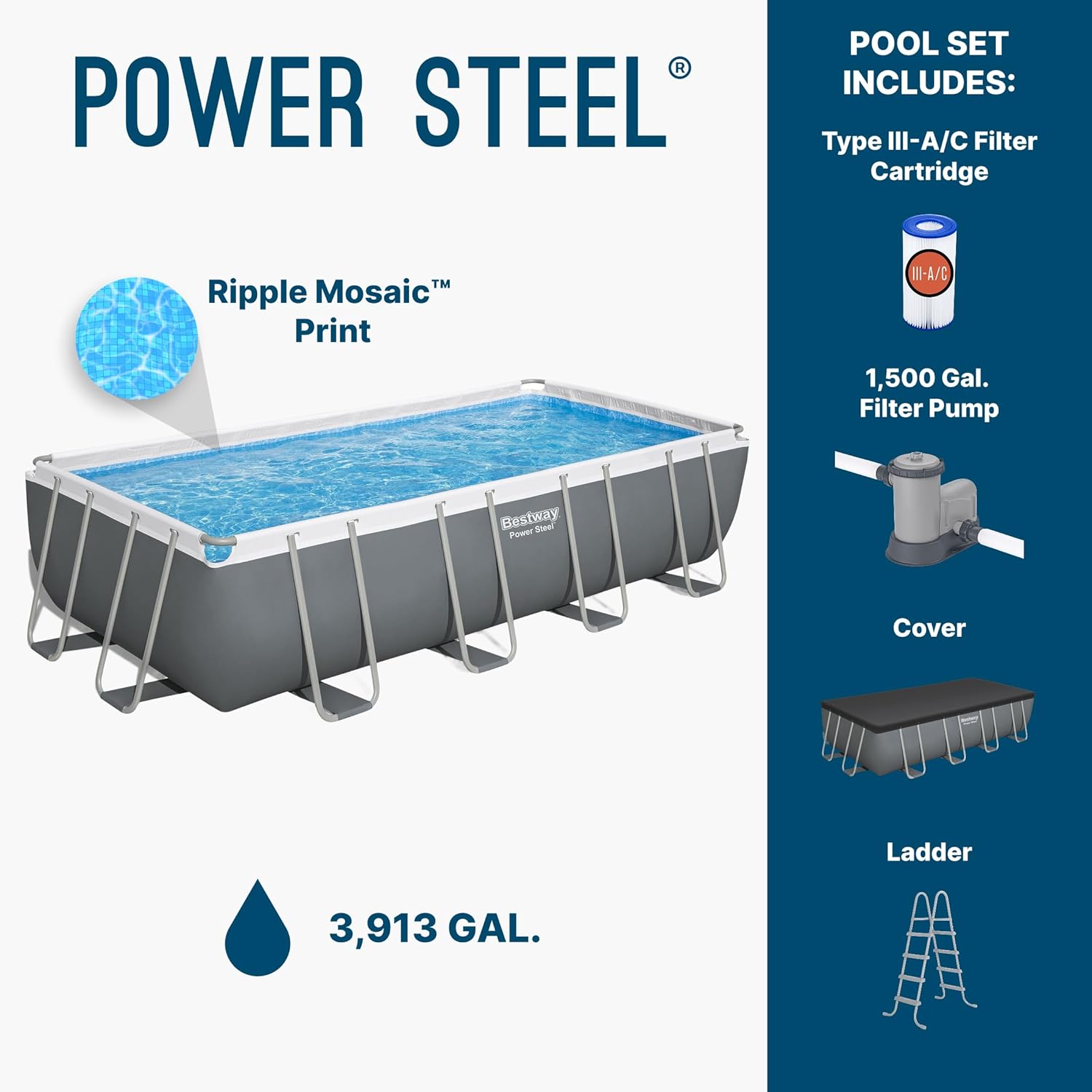 Bestway Power Steel 18' x 9' x 48' Above Ground Pool, Rectangular Metal Frame Outdoor Swimming Pool Set with Filter Pump, Ladder, and Cover