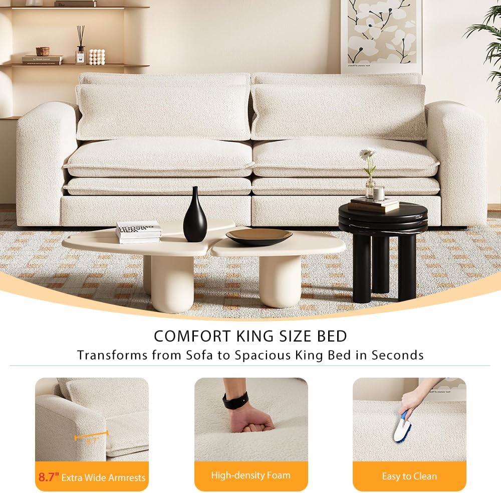 93' King Pull Out Sofa Bed, Teddy Sleeper Sofa Couch, Modern Wide Armrest, 3 in 1 Convertible Futon Couches for Living Room, Small Space, Apartment, Bedroom, Office, Beige