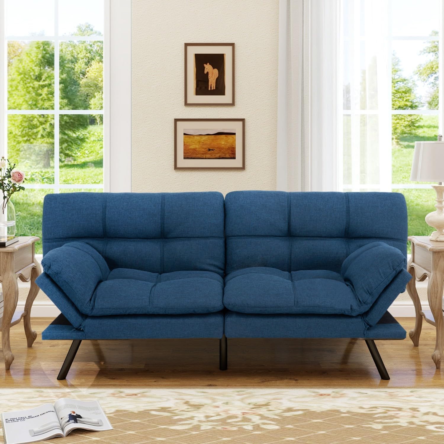 MUUEGM 71' Convertible Futon Sofa Bed, Upholstered Small Futon Couches with Adjustable Backrest, Loveseat Sleeper Bed for Compact Living Room Studio Office (Blue)