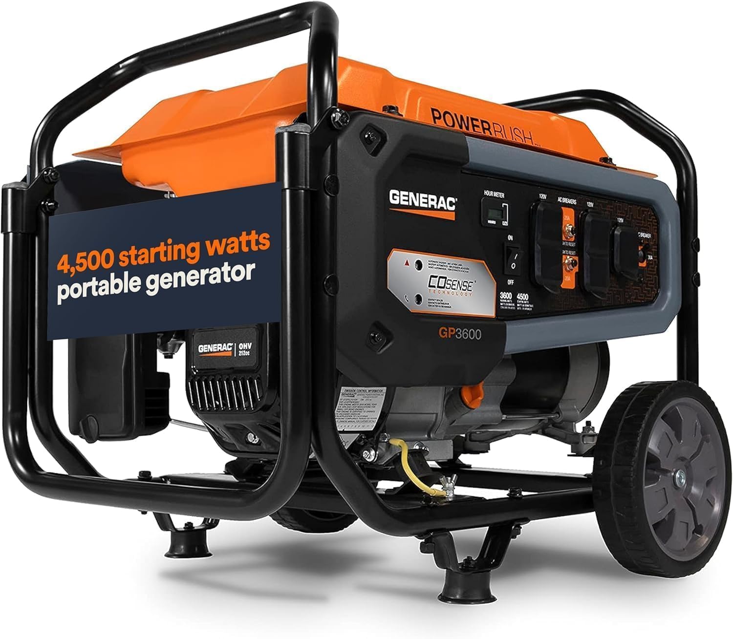 Generac 4,500 Starting Watt Portable Gas Generator, PowerRush Technology for 40% More Starting Capacity, COsense Carbon Monoxide Detection, Heavy Duty Steel Frame with Never-Flat Wheels, 49-State