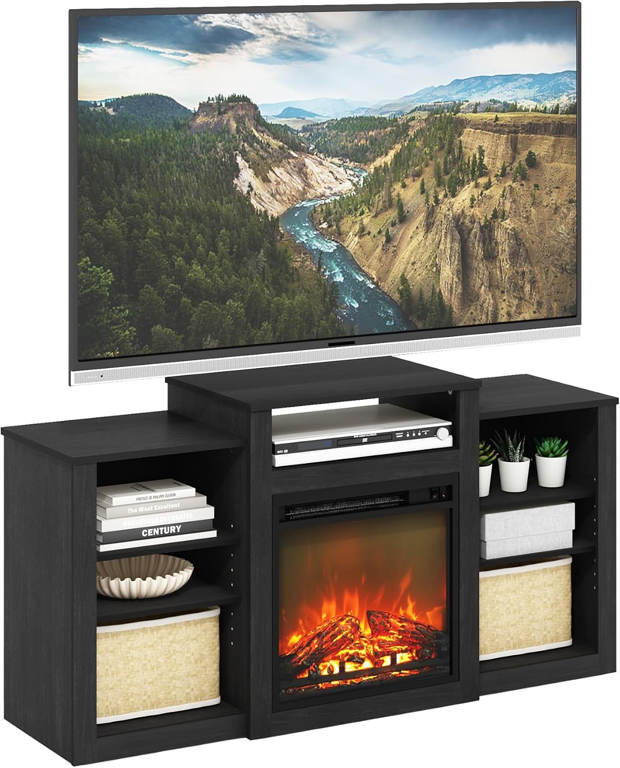 Furinno Jensen Fireplace TV Stand, Entertainment Center, TV Console for TV up to 55 Inch with Electric Fireplace, for Living Room, Bedroom, Americano