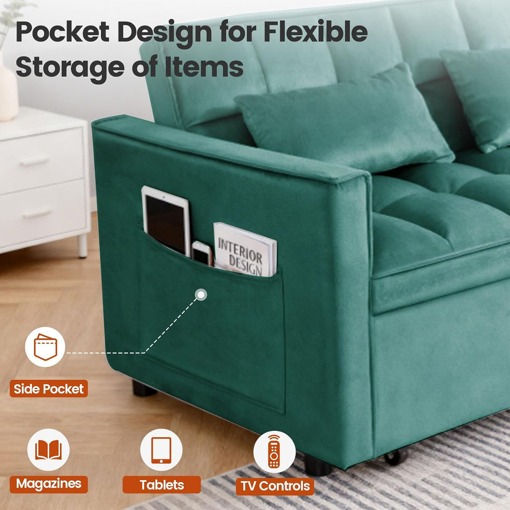 Convertible Sofa Bed, Pull Out Couch with Side Pockets, 3 in 1 Velvet Fabric Loveseat Sleeper Sofa Bed with Adjustable Backrest for Living Room, Bedroom, Apartment, Green