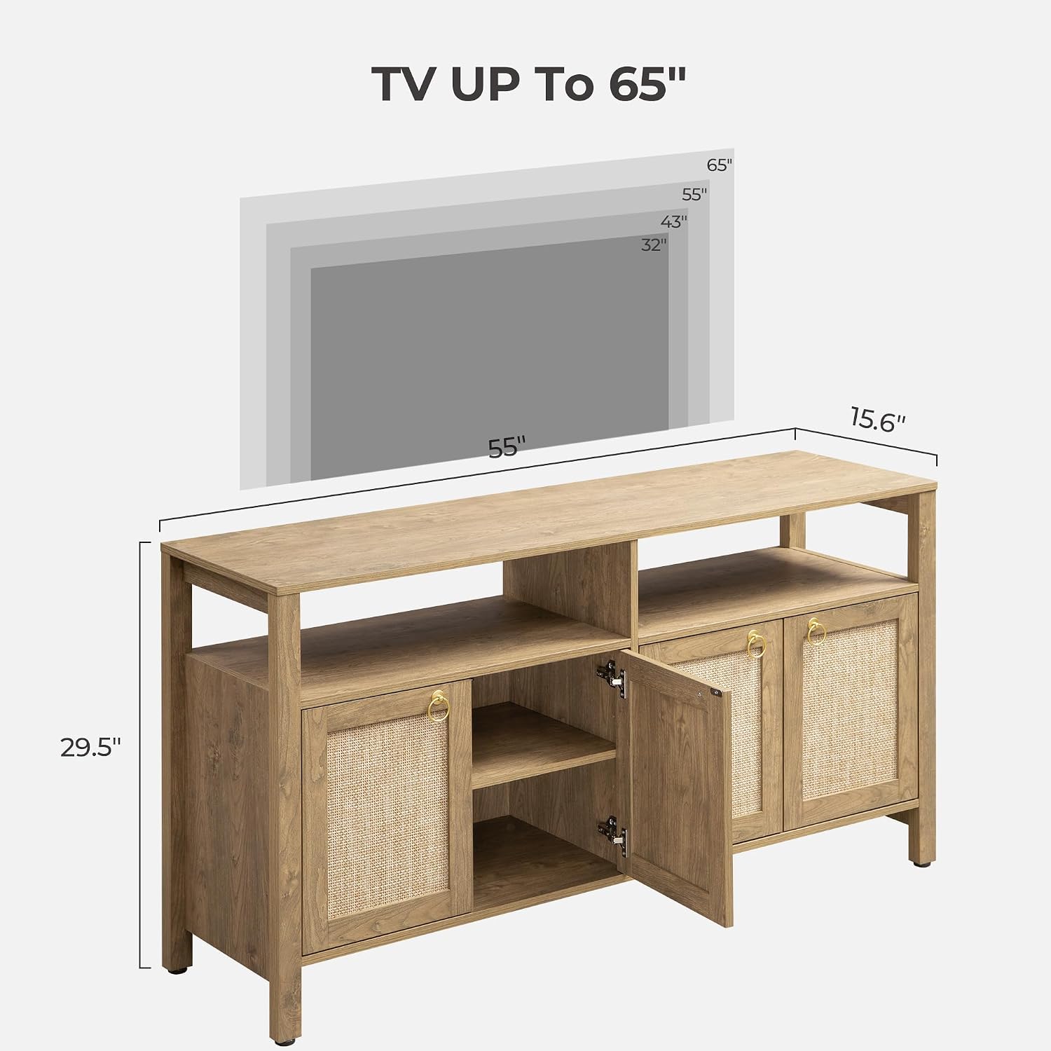 SICOTAS Rattan TV Stand for Television up to 65 Inch - 29.5' Tall Entertainment Center with Storage and Open Shelves,Boho Media TV Console Cabinet with 4-Doors and Adjustable Shelf for Living Room