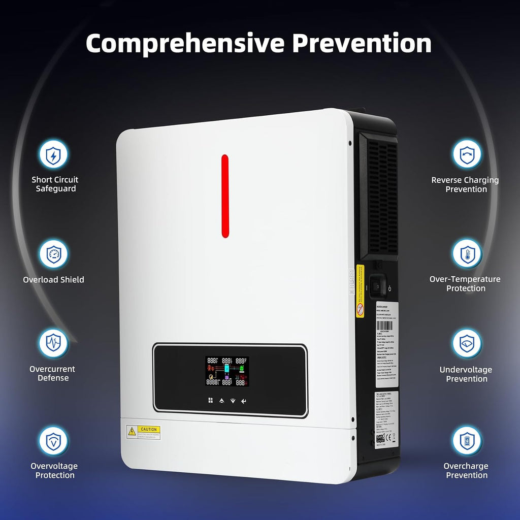 3600W Hybrid Solar Inverter 24VDC to 110V/120VAC All-in-One Pure Sine Wave Hybrid Solar Inverter with 120A MPPT Charge Controller Ideal for Home & Outdoor Use