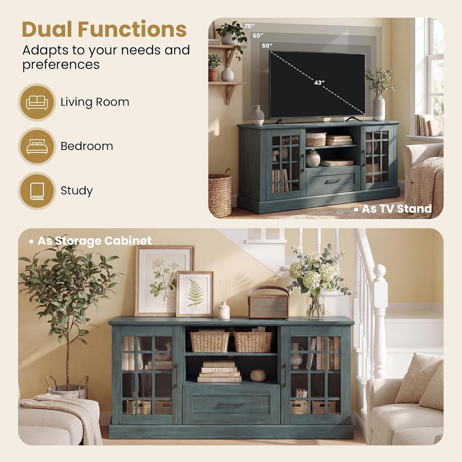 Giantex Farmhouse TV Stand for 65/70 Inch TV, Tall Entertainment Center with Storage Cabinets, Glass Doors, Drawer, Removable Shelves, Media TV Console Table for Living Room, Bedroom (Vintage Green)