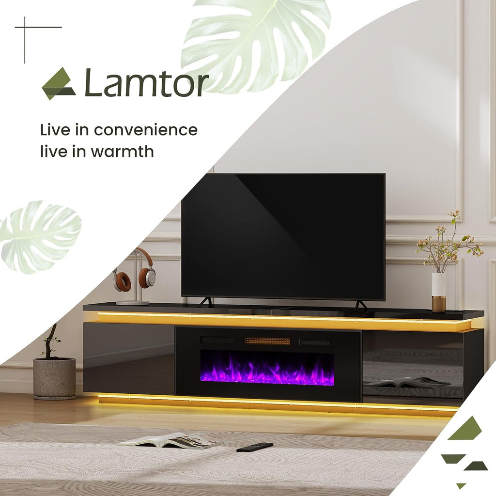Lamtor Fireplace TV-Stand with 40' Fireplace - 2 LED Light TV-Stand for 90 95 inch TVs - Entertainment Center with 4 AC Power Outlets - 2 Tier TV Consoles Stand for Living Room, Black