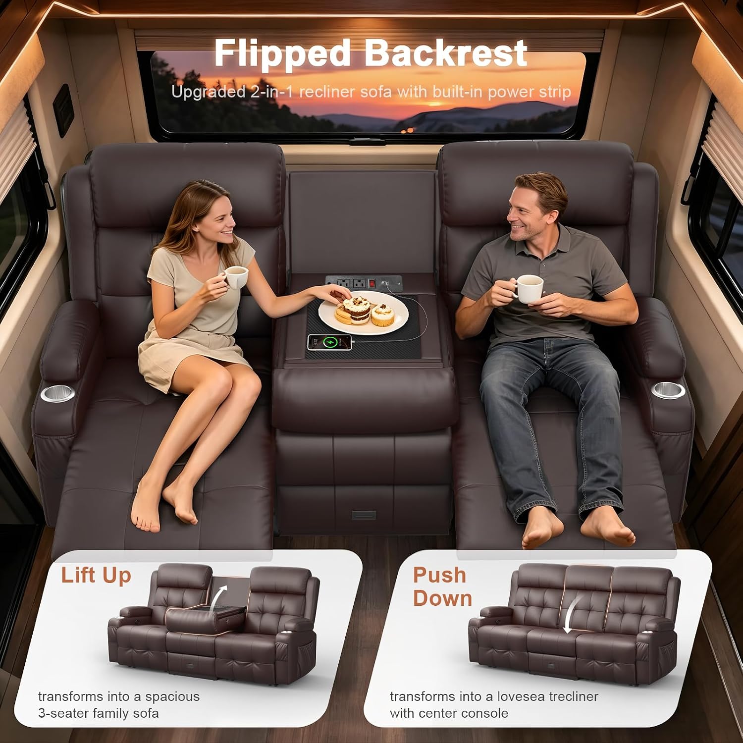 RV Loveseat Recliner Sofa, Built-in Power Strip, Massage Wall Hugger 3-Seater Recliners Couch, Flip Middle Backrest, Drawer & Cup Holder, Reclining Sleeper Sofa, 150° Recline for RV & Living Room