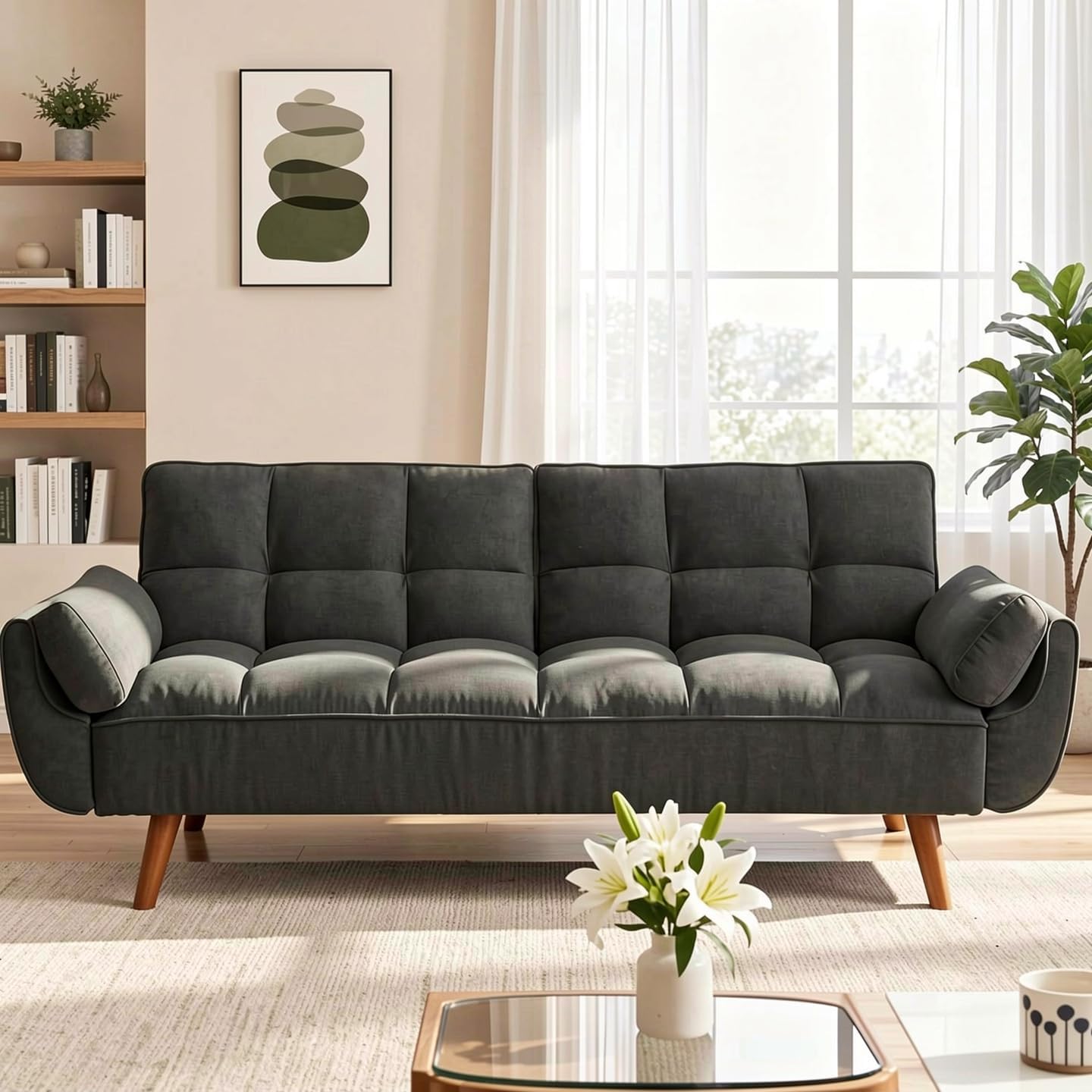 Convertible Futon Sofa Bed, Modern Futon Couch with 2 Pillows, Small Futons Couch with Adjustable Armrest & Backrest, Loveseat Sofa Bed for Living Room, Bedroom, Black