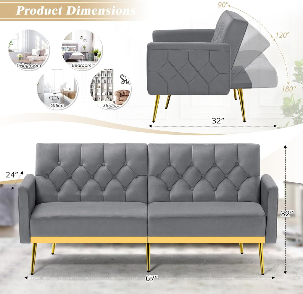 Velvet Sofa Bed w/Adjustable Armrests and Backrests, Modern Convertible Sleeper Sofa, Tufted Futon Sofa for Bedroom, Living Room, Apartment, Grey