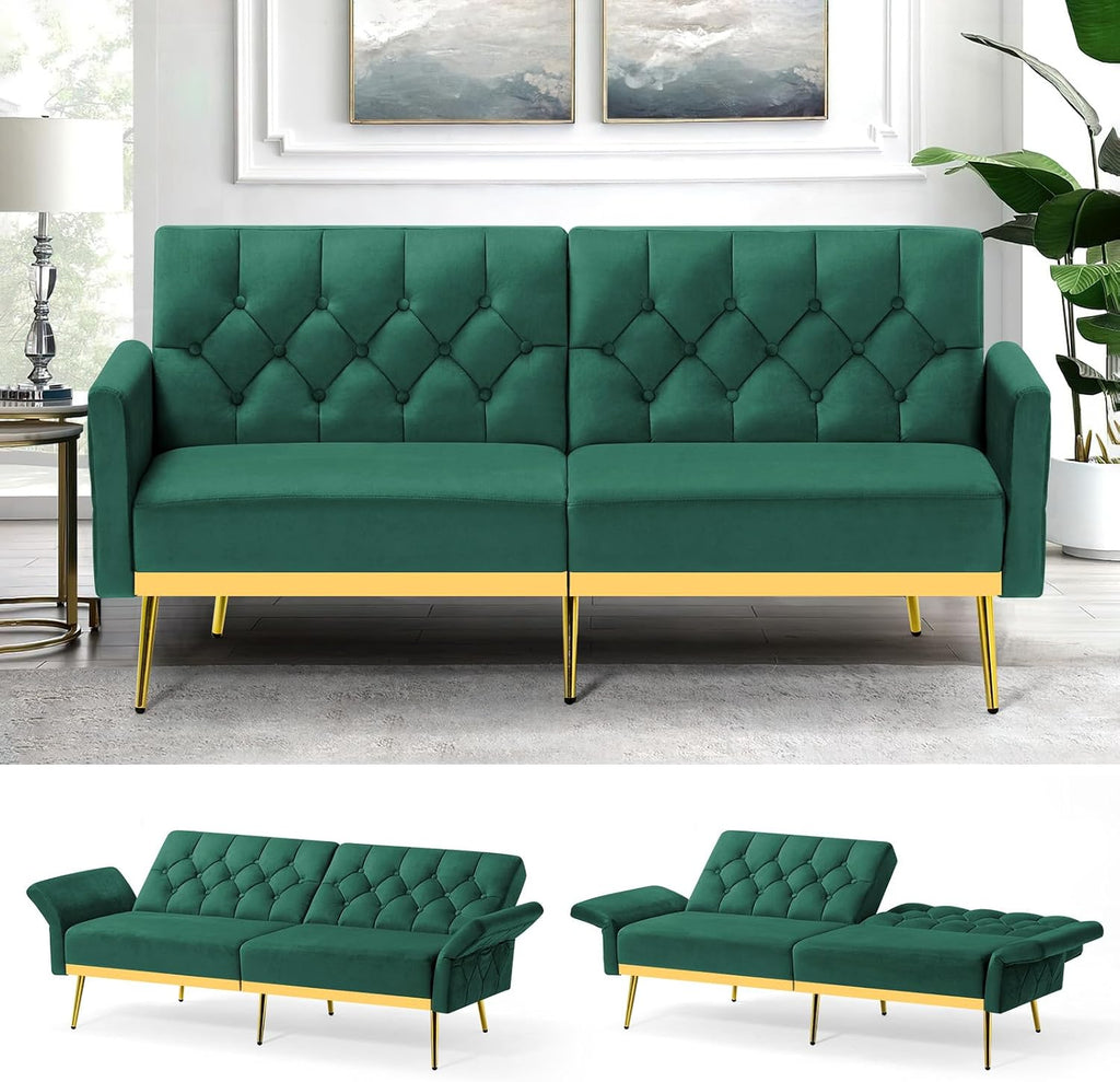 Velvet Futon Sofa Bed w/Adjustable Armrests & Backrests, Button Tufted Sleeper Couch, Modern Convertible Loveseat Sofa for Bedroom, Living Room, Apartment, Green