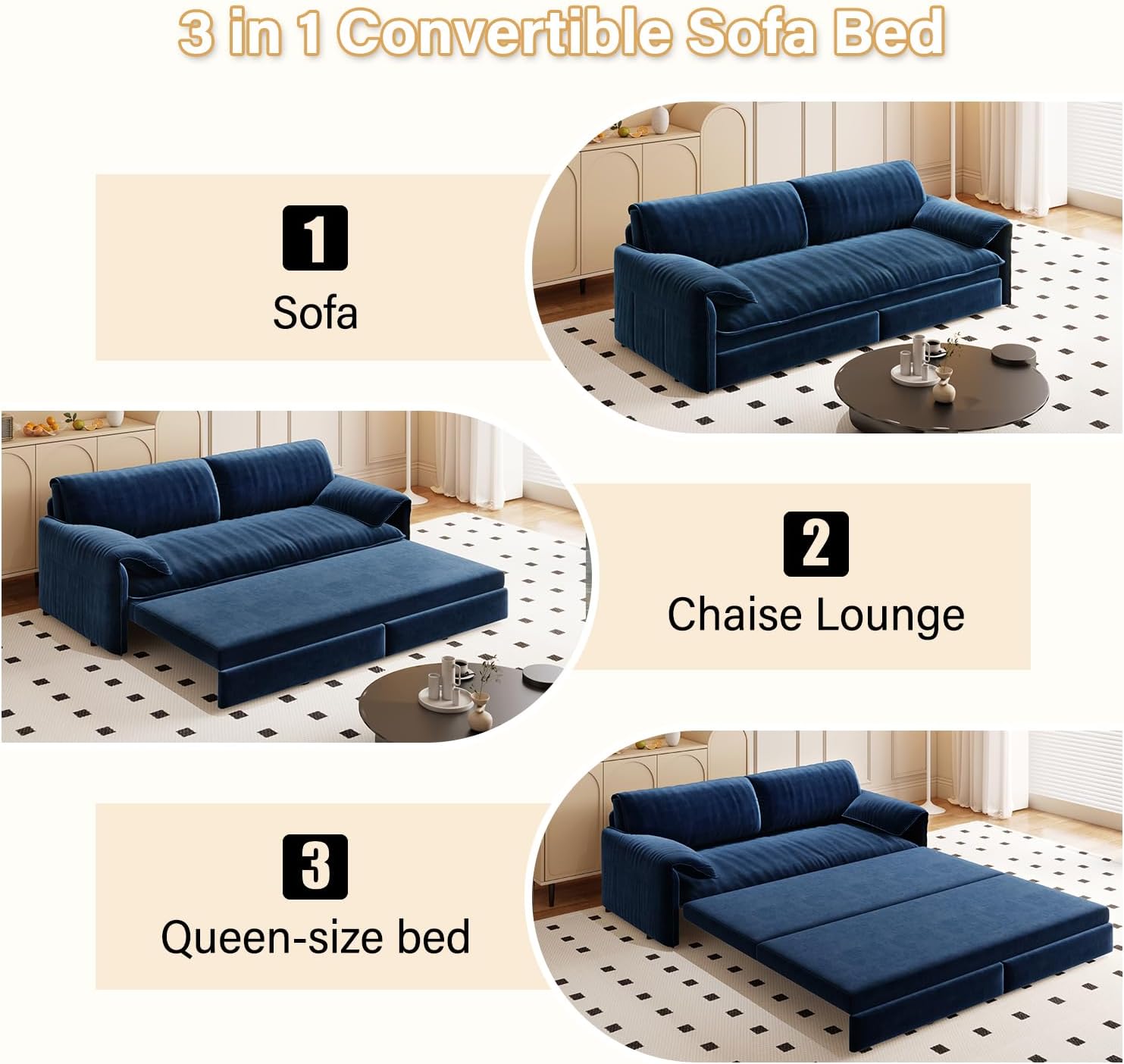3 in 1 Convertible Queen Sleeper Sofa Bed Comfy Pull Out Futon Couch Bed 66' Modern Velvet Recliner Loveseat Sofa Multi-Functional Blue Cloud Couch for Living Room,Apartment,Office (Blue 66')