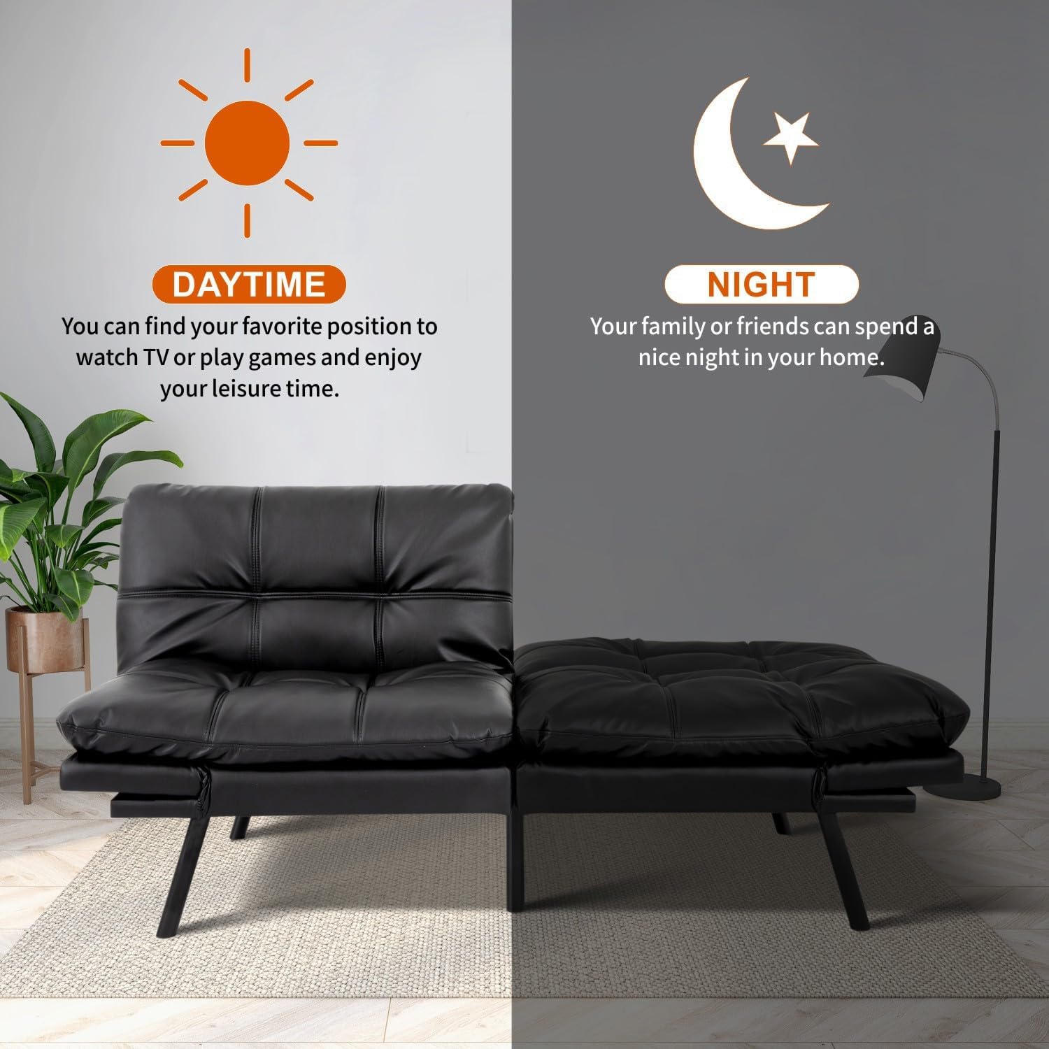 MUUEGM Futon Sofa Bed Convertible Futon Couch Bed Memory Foam Sofa Sleeper,Adjustable Armrest&Backrest Full Size Lounge Couch for Office Apartment Living Room,Matte Black