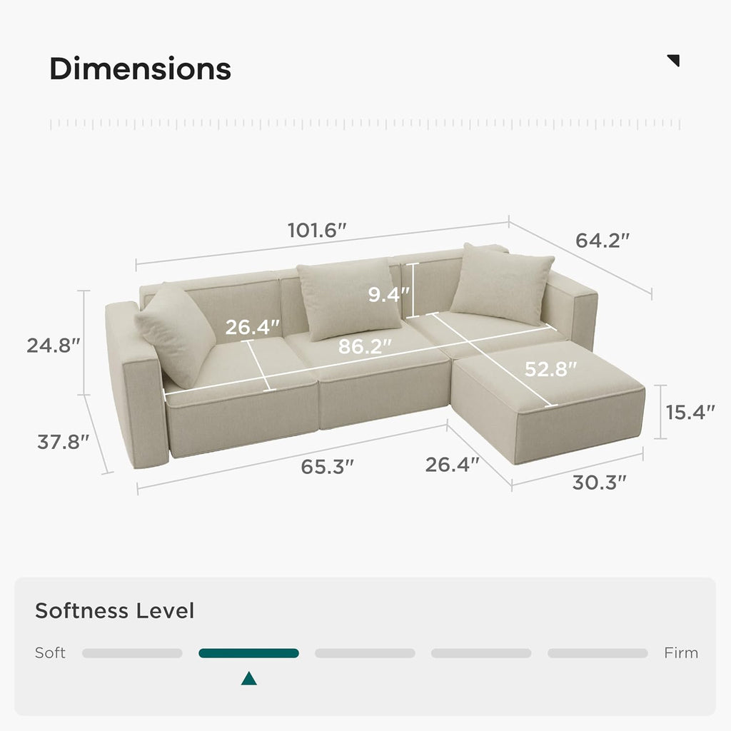 Acanva Luxury Modular Sectional Living Room Sofa Set, Modern Minimalist Style Couch with Ottoman and Chaise, L-Shape, Linen-Like Cream | Minimalist Style, With Ottoman, Modular Sectional