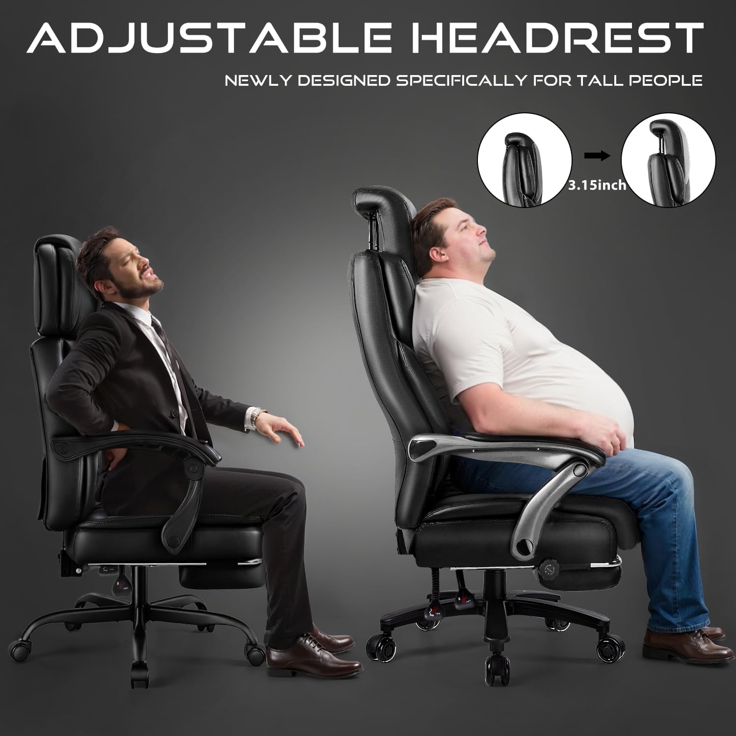 OFIKA 600lbs Big and Tall Office Chair with Foot Rest and Lifting Headrest,Large Heavy Duty Chair with Adjustable Lumber Support,Executive Office Chair,Leather Chair for Heavy People (Black)