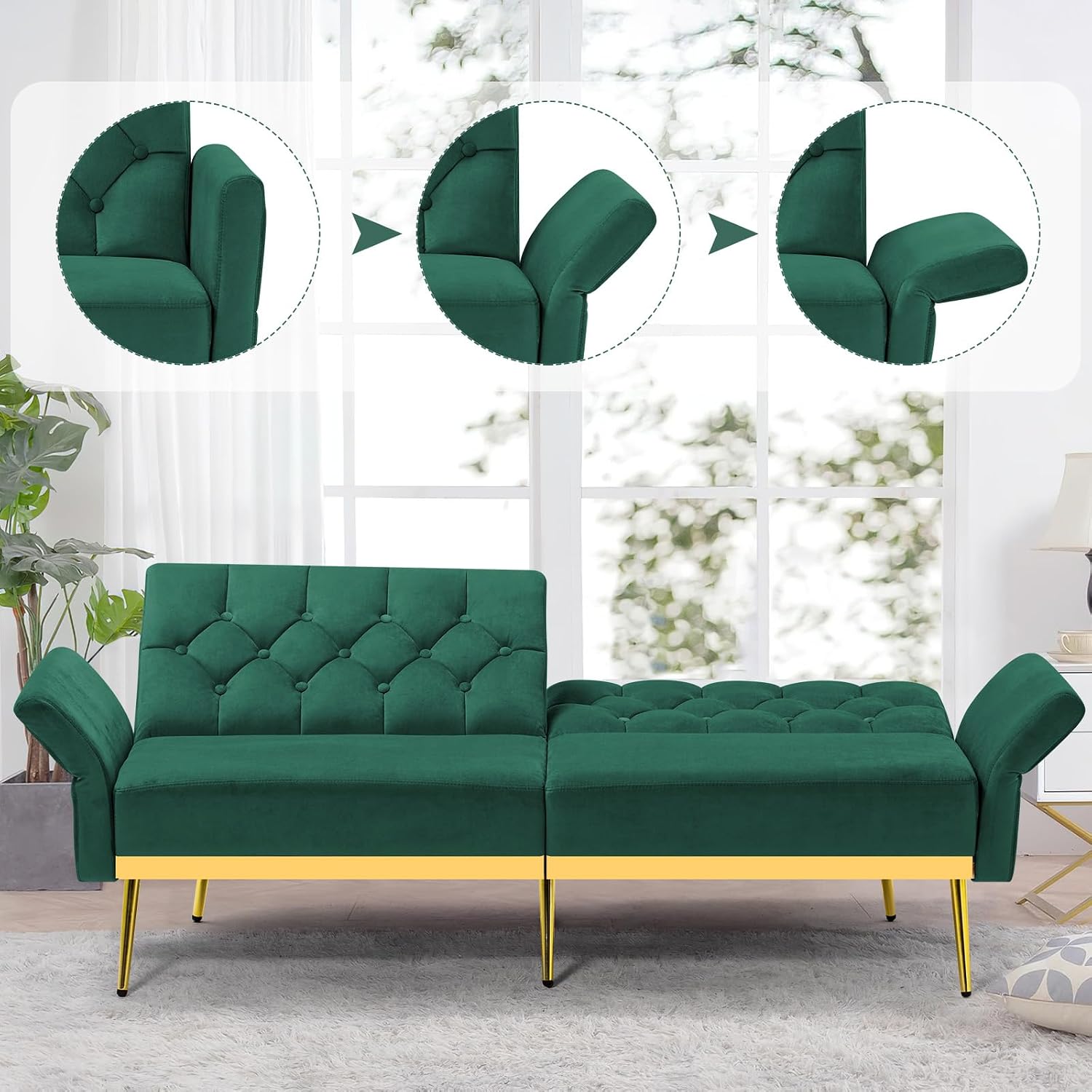 Velvet Futon Sofa Bed w/Adjustable Armrests & Backrests, Button Tufted Sleeper Couch, Modern Convertible Loveseat Sofa for Bedroom, Living Room, Apartment, Green