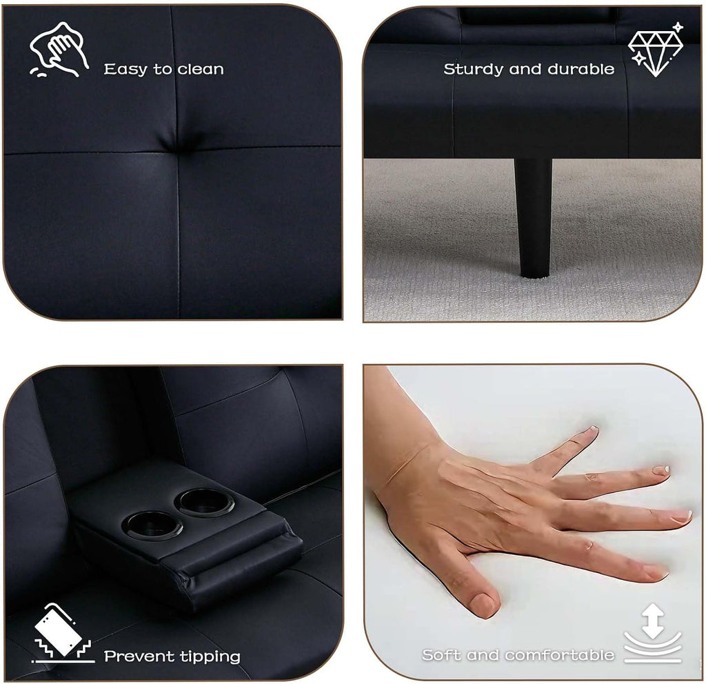 67' Futon Sofa Bed,Convertible Sofa Bed with 2 Cup Holders,Sleeper Couch PVC Leather Removable Soft Armrest Small Couch for Living Room Apartments ﻿ (Black)